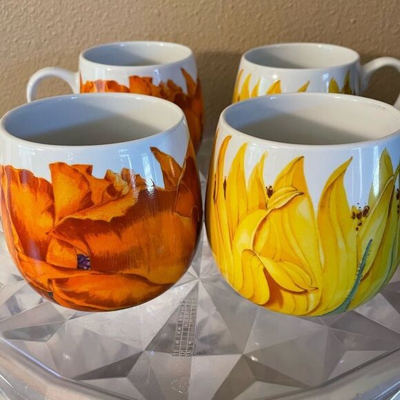 Konitz Sunflower and Orange Poppy Ceramic Mugs set of 4 - Picture 14 of 16